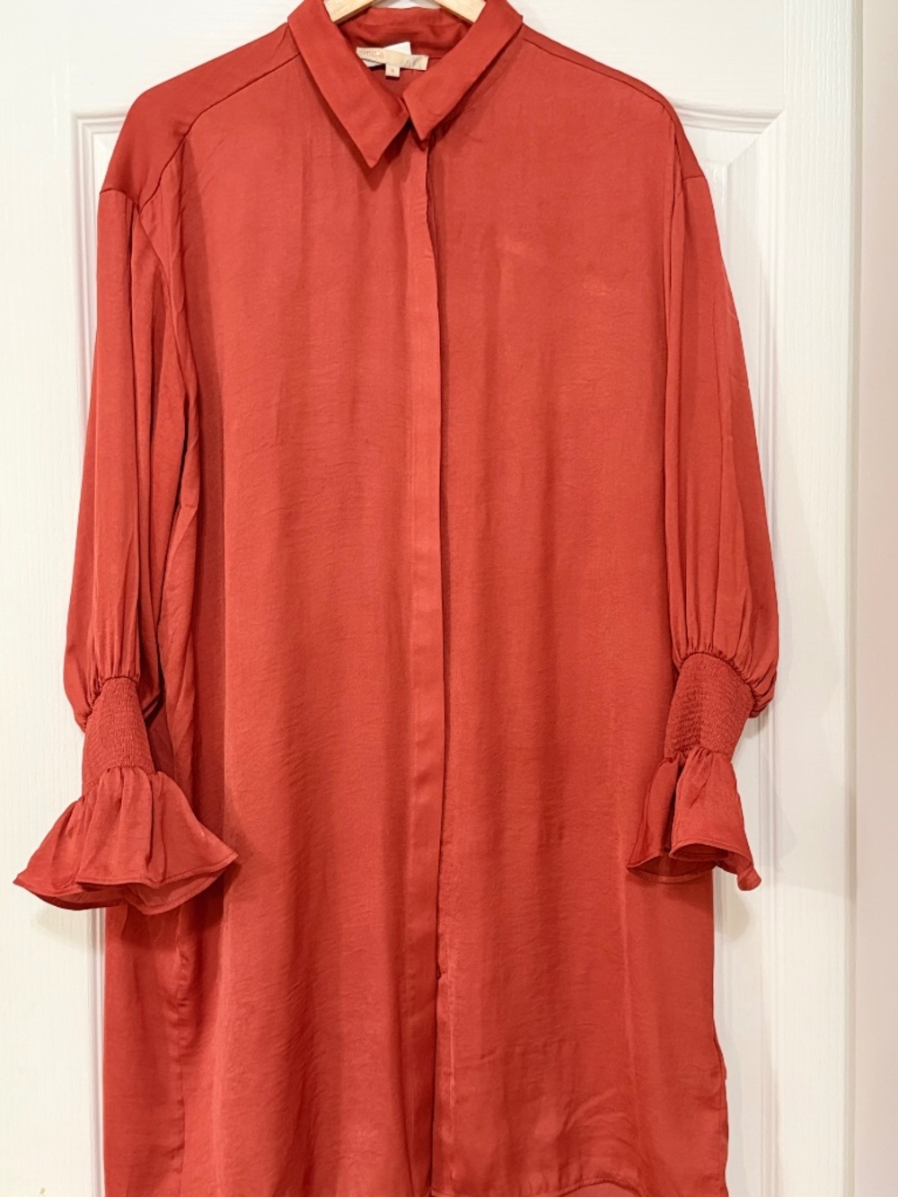 Maje Terracotta Satin Shirt Dress Smocked Ruffle Sleeve Size 4 US 10